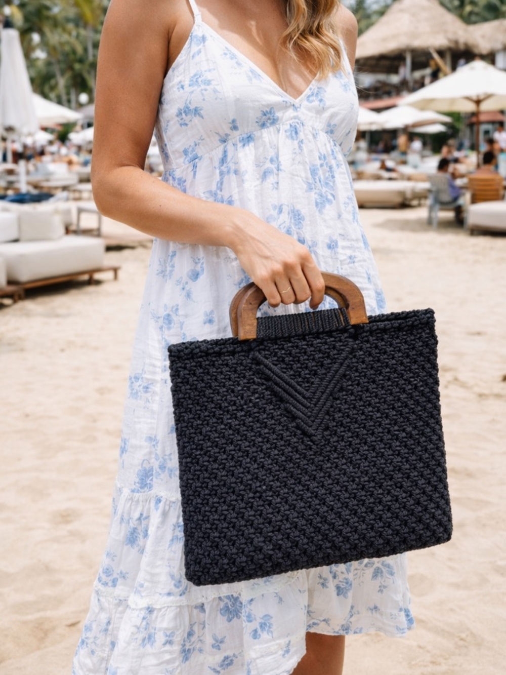 Boho Black Handwoven Macramé Tote with Wooden Handles